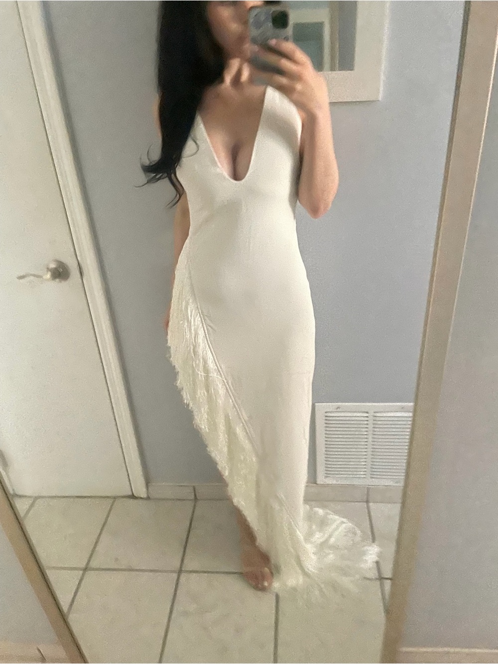 Elegant White Plunging V-Neck Asymmetric Fringe Evening Dress